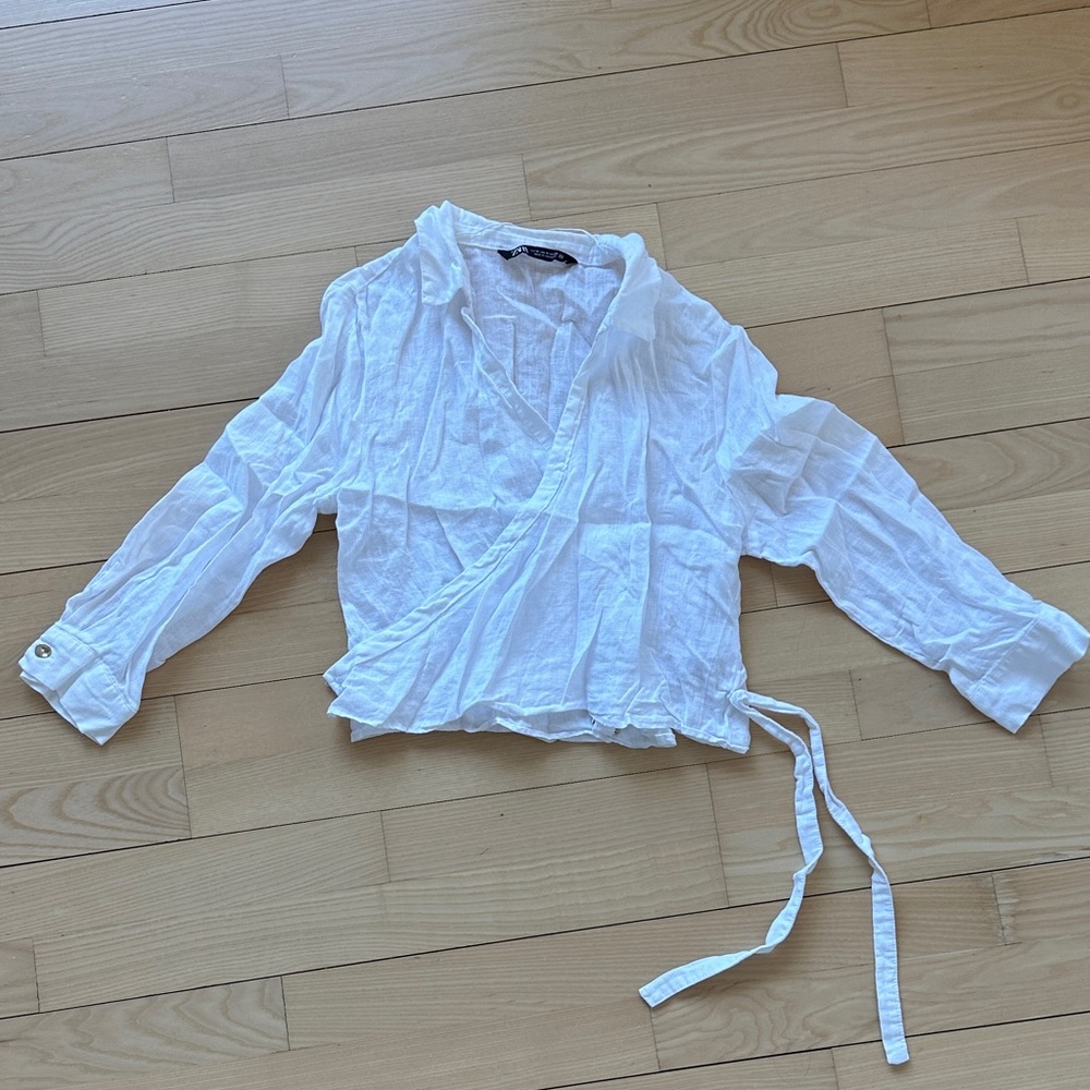 White Lightweight Linen Wrap Blouse